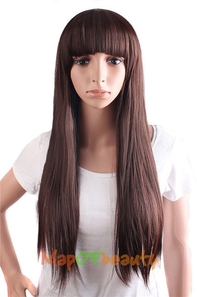 MapofBeauty Heat Resistant Long Straight Synthetic Brown Black Hair Wig Costume Cosplay Salon Party Women Flat Bangs Hairpieces