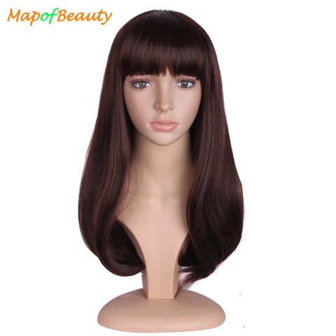 MapofBeauty 20" Long Brown Black Hair Wigs For Women Synthetic Hair Heat Resistant with Flat Bangs False Hair Pieces Hairstyles