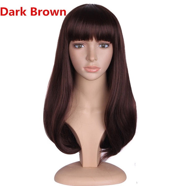 MapofBeauty 20" Long Brown Black Hair Wigs For Women Synthetic Hair Heat Resistant with Flat Bangs False Hair Pieces Hairstyles