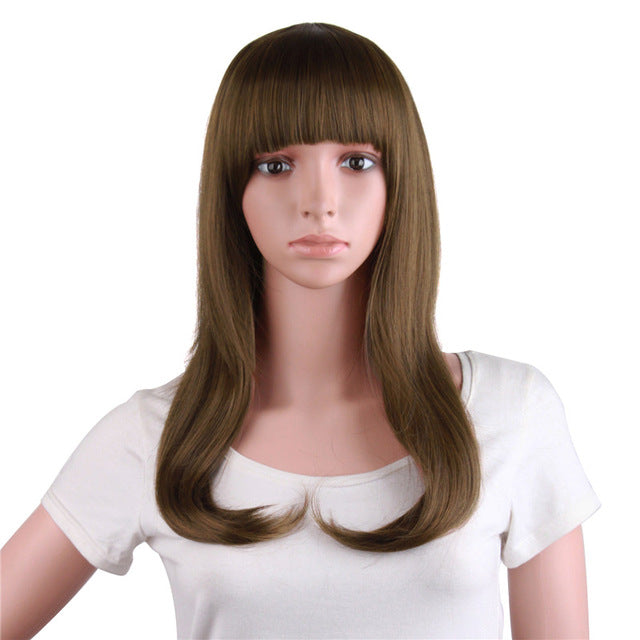 MapofBeauty 20" Long Brown Black Hair Wigs For Women Synthetic Hair Heat Resistant with Flat Bangs False Hair Pieces Hairstyles