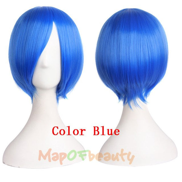 MapofBeauty 12" Short Straight Brown Blue Black White Blonde Wig Heat Resistant Costume Cosplay Wigs Natural Fake Synthetic Hair