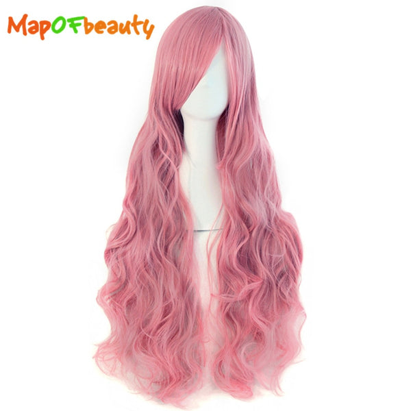 MapofBeauty 32" Long Wavy Cosplay Wigs Fake Bangs 29 Colors Pink Black Blue Brown Blonde Women Wig Heat Resistant Synthetic Hair