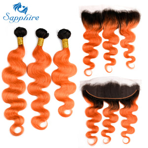 Sapphire Body Wave Ombre Human Hair 2 Tone 1B/Orange Pre-colored Golden Ombre Brazilian Human Hair Weave Bundles with Frontal