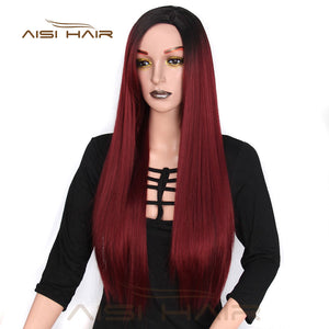 I's a wig  Long Ombre Red Straight Synthetic Wigs 24 inches for Women Black  Two Tone Heat Resistant Fiber Hair