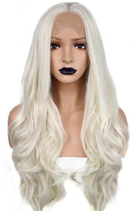 Anogol Middle Part Natural Long Body Wave Platinum Blonde High Temperature Fiber Synthetic Lace Front Wig For White Women