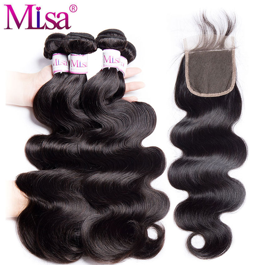 Brazilian Body Wave With Closure 3 Bundles Mi Lisa Hair Weave Bundle Non Remy Free Part Lace 4 Pc Human Hair Bundle With Closure