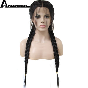 Anogol Middle Part Long Double Braids Straight Natural Black Braided Synthetic Light Brown Swiss Lace Front Wig With Baby Hair