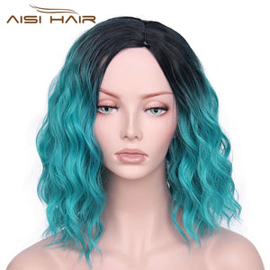 I's a wig Synthetic Ombre Red Blue Pink Wigs Short  Black Hair for  Women's  14" Long  Water Wave  False Hair