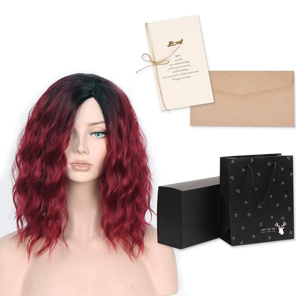 I's a wig Synthetic Ombre Red Blue Pink Wigs Short  Black Hair for  Women's  14" Long  Water Wave  False Hair