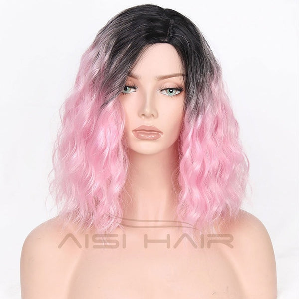 I's a wig Synthetic Ombre Red Blue Pink Wigs Short  Black Hair for  Women's  14" Long  Water Wave  False Hair