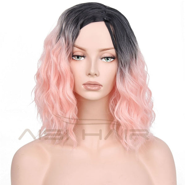 I's a wig Synthetic Ombre Red Blue Pink Wigs Short  Black Hair for  Women's  14" Long  Water Wave  False Hair