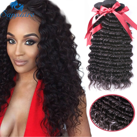 Sapphire Hair Deep Wave Curly 3 Bundles Deep Curly Hair Weave Bundles Salon Bundle Pack Brazillian Human Hair Natural Color