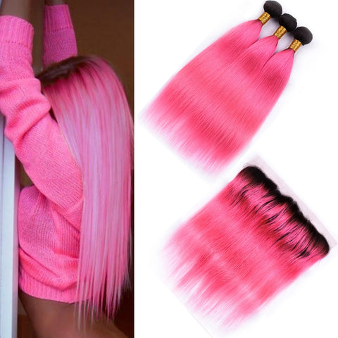 Sapphire Brazilian T1B/Pink Straight 3 Human Hair Bundles With 13*4 Lace Frontal Pre-colored Ombre Bundles with 13*4 Closure