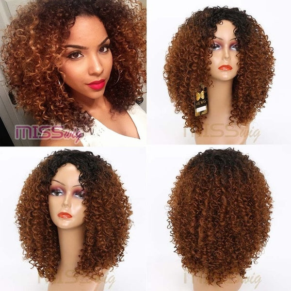 MISS WIG 16Inches Long Afro Kinky Curly Wigs for Black Women Blonde Mixed Brown Synthetic Wigs African Hairstyle Heat Resistant