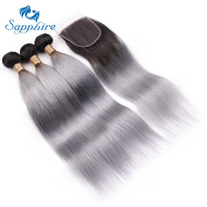 Sapphire Remy Hair Ombre Brazilian Hair Bundles With Closure 1B/Grey Straight Human Hair Weave Bundles Extension Sliver Gray