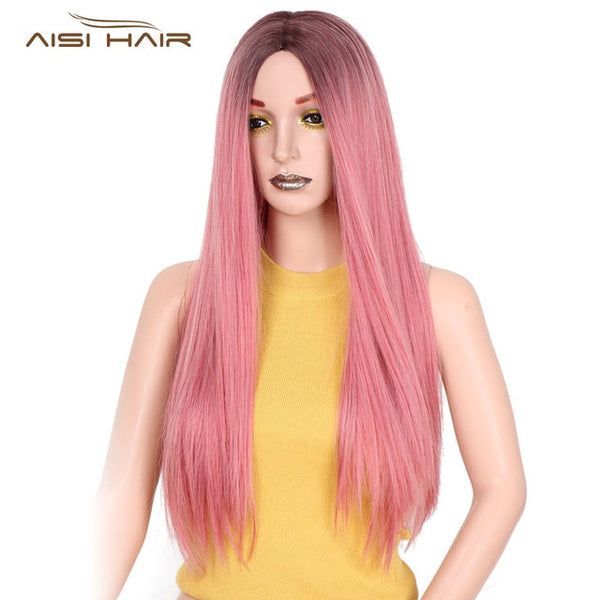 I's a wig  Long Ombre Red Straight Synthetic Wigs 24 inches for Women Black  Two Tone Heat Resistant Fiber Hair