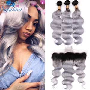 Sapphire Brazilian Bundles With Frontal Remy Hair Body Wave Ombre TIB/Grey Hair 3 Bundles With Lace Frontal T1B/Grey Hair