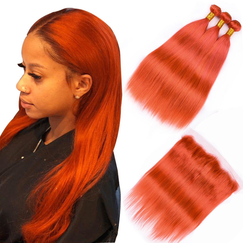 Sapphire Pre-Colored Light Orange Brazilian Hair 3 Bundles With 13*4 Lace Frontal Deals 100% Human Hair Weave with Lace Frontal