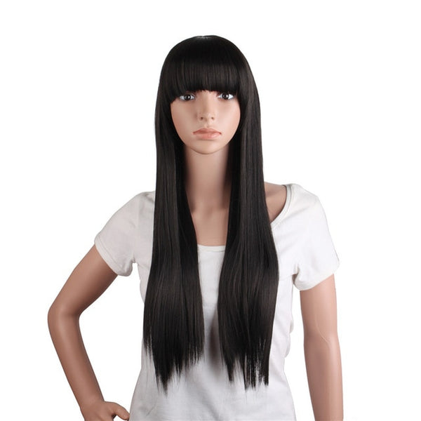 MapofBeauty Heat Resistant Long Straight Synthetic Brown Black Hair Wig Costume Cosplay Salon Party Women Flat Bangs Hairpieces