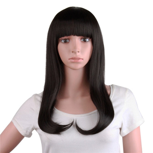 MapofBeauty 20" Long Brown Black Hair Wigs For Women Synthetic Hair Heat Resistant with Flat Bangs False Hair Pieces Hairstyles