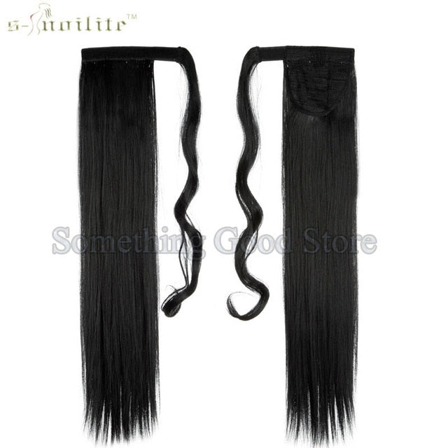 SNOILITE 24inch 26inch Synthetic Long Ponytail Clip In Pony Tail Hair Extensions Wrap on Hairpieces Straight Hairstyles Black