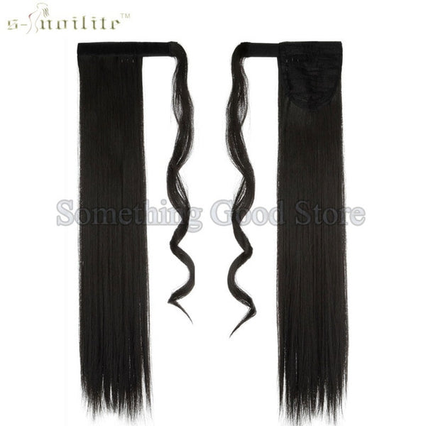 SNOILITE 24inch 26inch Synthetic Long Ponytail Clip In Pony Tail Hair Extensions Wrap on Hairpieces Straight Hairstyles Black