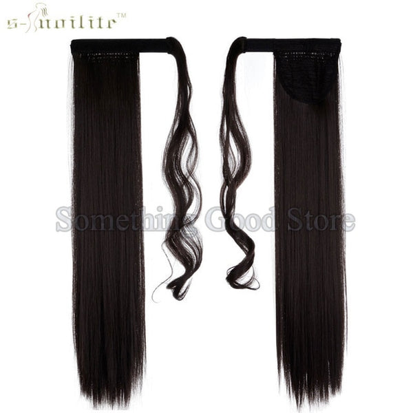 SNOILITE 24inch 26inch Synthetic Long Ponytail Clip In Pony Tail Hair Extensions Wrap on Hairpieces Straight Hairstyles Black