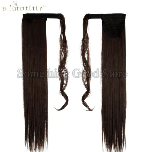 SNOILITE 24inch 26inch Synthetic Long Ponytail Clip In Pony Tail Hair Extensions Wrap on Hairpieces Straight Hairstyles Black