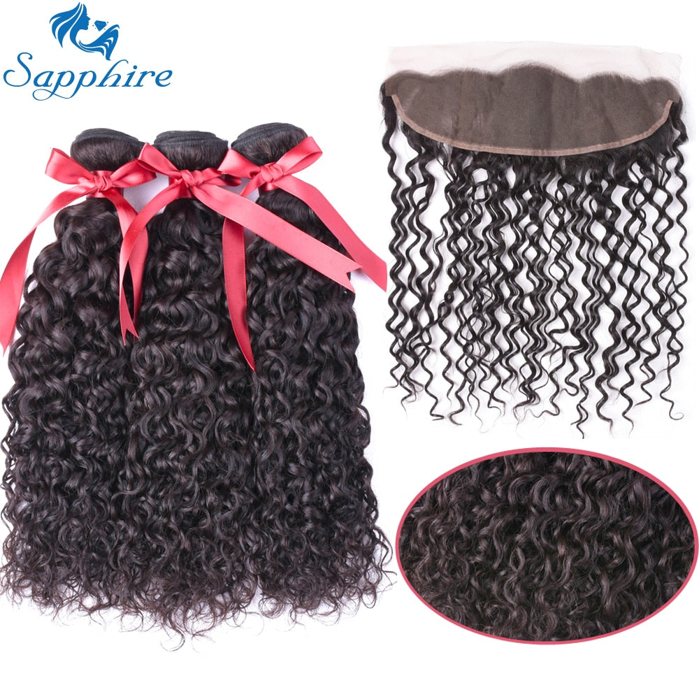 Sapphire Hair Products Malaysian Water Wave Hair With Closure Remy Human Hair Weave 3 Bundles Human Hair With Lace Frontal Deals