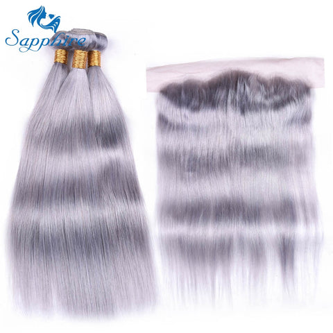 Sapphire Pre-colored Pure Grey Brazilian Straight Human Hair 3Bundle With Lace Frontal Deals Pure Color Bundle With Lace Frontal