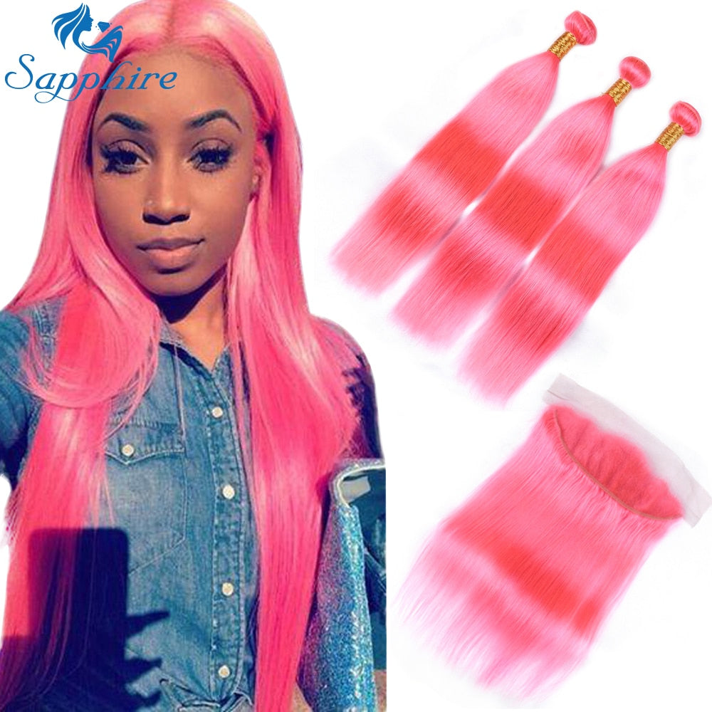 Sapphire Pink Brazilian Straight Human Hair Pink 3 Bundle With Lace Frontal Deals Brazilian Pure Human Hair With Lace Frontal