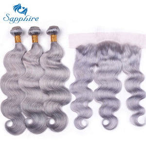 Sapphire 3 Bundles With Ear To Ear Frontal Pure Grey Malaysian Body wave Hair 3 Human Hair Bundles With 13*4 Lace Frontal Deals