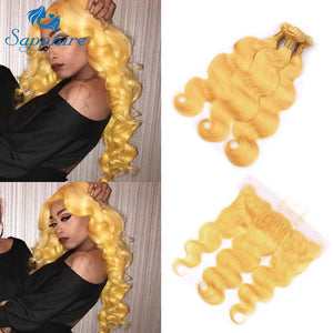 Sapphire Pure Yellow Brazilian Body wave Hair 3 Bundles With Ear To Ear Frontal 3Human Hair Bundles With 13*4 Lace Frontal Deals