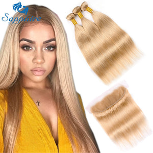 Sapphire Pure 27# Malaysian Straight Hair 3 Bundles With Frontal Honey Blond Human Hair Bundles With 13*4 Lace Frontal Baby Hair