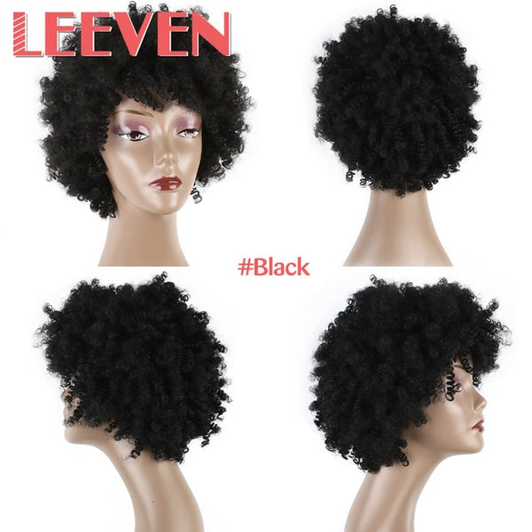 Leeven 100g Synthetic Wig Short Wigs Afro Kinky Straight  Black Hair For African American Women High Temperature Fiber