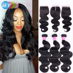 BY Hair Peruvian Body Wave 3 Bundles With Closure Remy Human Hair Bundles With Closure Peruvian Hair Bundles With Closure