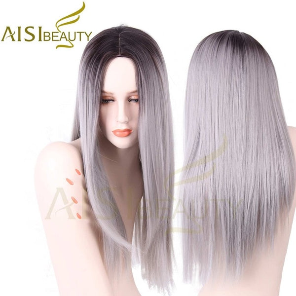 AISI BEAUTY Long Straight Grey Red Pink Ombre Black  Synthetic Wigs for Women cosplay hair free shipping Heat Resistant 26"