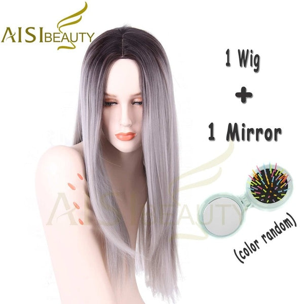 AISI BEAUTY Long Straight Grey Red Pink Ombre Black  Synthetic Wigs for Women cosplay hair free shipping Heat Resistant 26"