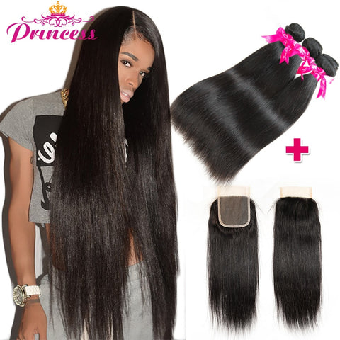 Beautiful Princess Peruvian Straight Hair 3 Bundles With Closure Double Weft Remy Human Hair Bundles With Lace Closure