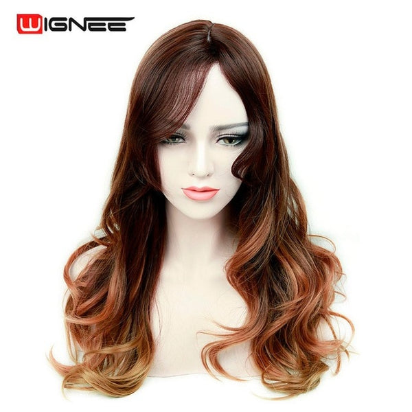 Wignee Long Ombre Brown Ash Blonde High Density Temperature Synthetic Wig For Black/White Women Glueless Wavy Cosplay Hair Wig