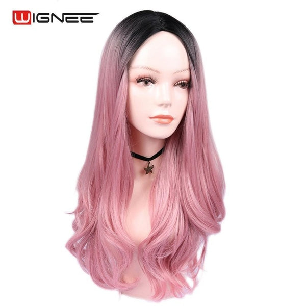 Wignee Long Ombre Brown Ash Blonde High Density Temperature Synthetic Wig For Black/White Women Glueless Wavy Cosplay Hair Wig