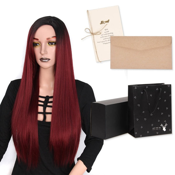 I's a wig  Long Ombre Red Straight Synthetic Wigs 24 inches for Women Black  Two Tone Heat Resistant Fiber Hair