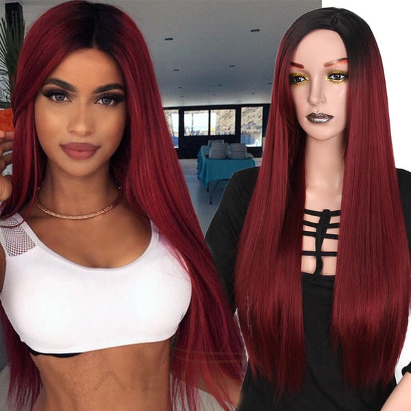 I's a wig  Long Ombre Red Straight Synthetic Wigs 24 inches for Women Black  Two Tone Heat Resistant Fiber Hair