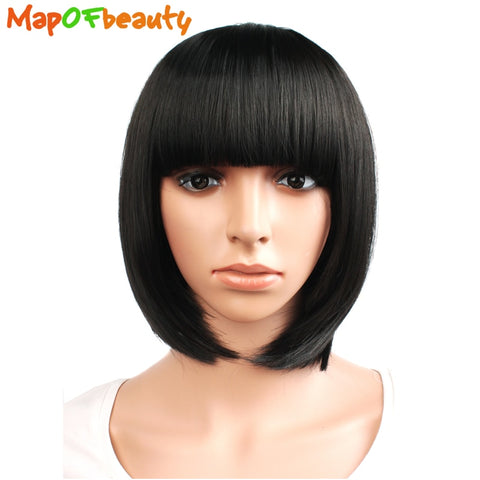 MapofBeauty Short Straight Hair Synthetic Black Brown White Blonde 12" 9 color Cosplay Bob Wig Bangs Heat Resistant Women Peruca