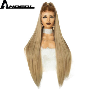 Anogol High Temperature Fiber Peruca Long Straight Synthetic Hair Wig Brown Ombre Ash Blonde Swiss Lace Front Wigs for Cosplay