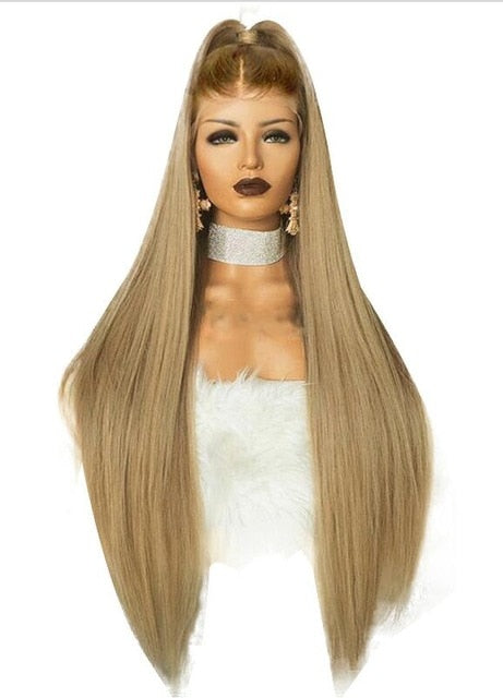 Anogol High Temperature Fiber Peruca Long Straight Synthetic Hair Wig Brown Ombre Ash Blonde Swiss Lace Front Wigs for Cosplay