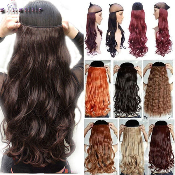 s-noilite 24 inch(61cm) Long Curly Wavy Women Clip in Hair Extensions Black Brown High Tempreture Synthetic Fake Hair piece