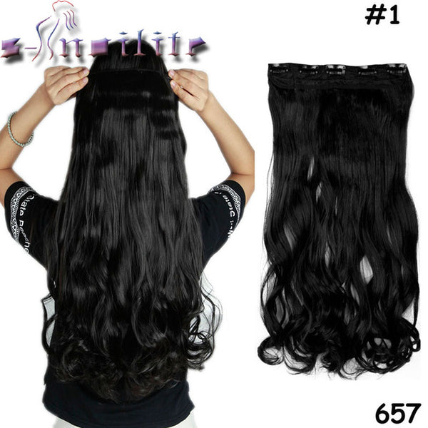 s-noilite 24 inch(61cm) Long Curly Wavy Women Clip in Hair Extensions Black Brown High Tempreture Synthetic Fake Hair piece