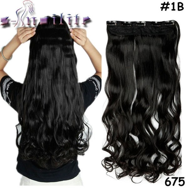 s-noilite 24 inch(61cm) Long Curly Wavy Women Clip in Hair Extensions Black Brown High Tempreture Synthetic Fake Hair piece