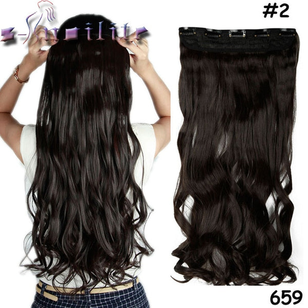 s-noilite 24 inch(61cm) Long Curly Wavy Women Clip in Hair Extensions Black Brown High Tempreture Synthetic Fake Hair piece